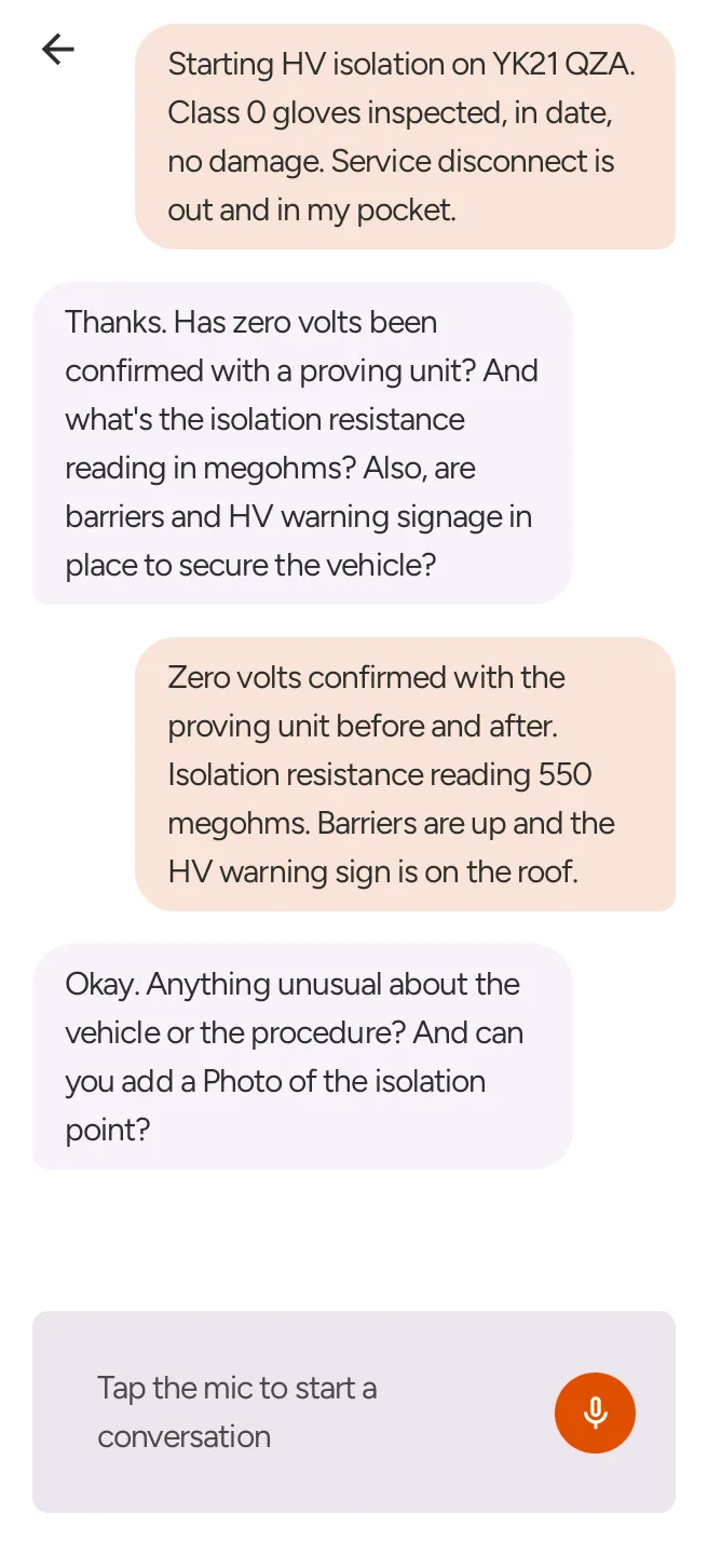 FieldPal on a phone showing the conversation during an EV high-voltage safety check. The technician confirms zero volts, an isolation resistance of 550 megohms and barriers in place, and FieldPal asks whether anything was unusual and for a photo of the isolation point.