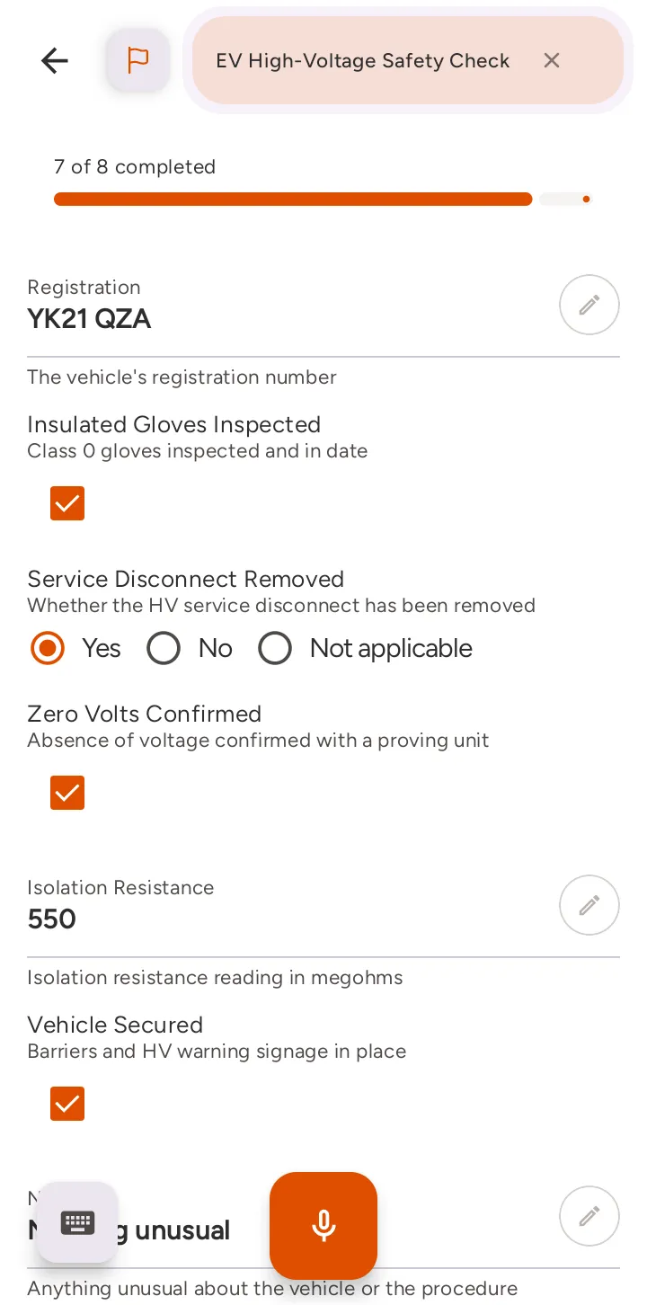 FieldPal on a phone showing an EV high-voltage safety check. Insulated gloves inspected, zero volts confirmed and vehicle secured are ticked, service disconnect removed is set to yes, and the isolation resistance reads 550. 7 of 8 fields are complete.