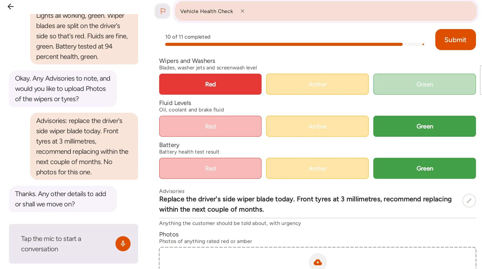 FieldPal on a tablet showing a vehicle health check. Wipers and washers are rated red, fluid levels and battery green, and the advisories field reads 'Replace the driver's side wiper blade today. Front tyres at 3 millimetres, recommend replacing within the next couple of months.'