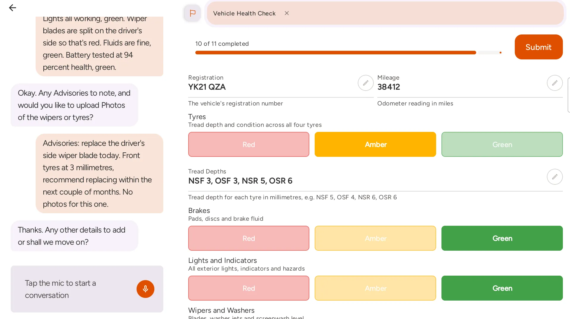FieldPal on a tablet during a vehicle health check. On the left, the technician reports amber tyres with tread depths of 3, 3, 5 and 6 millimetres and green brakes. On the right, the form shows registration YK21 QZA, mileage 38412, tyres rated amber, the tread depths and brakes rated green, with 10 of 11 fields complete.