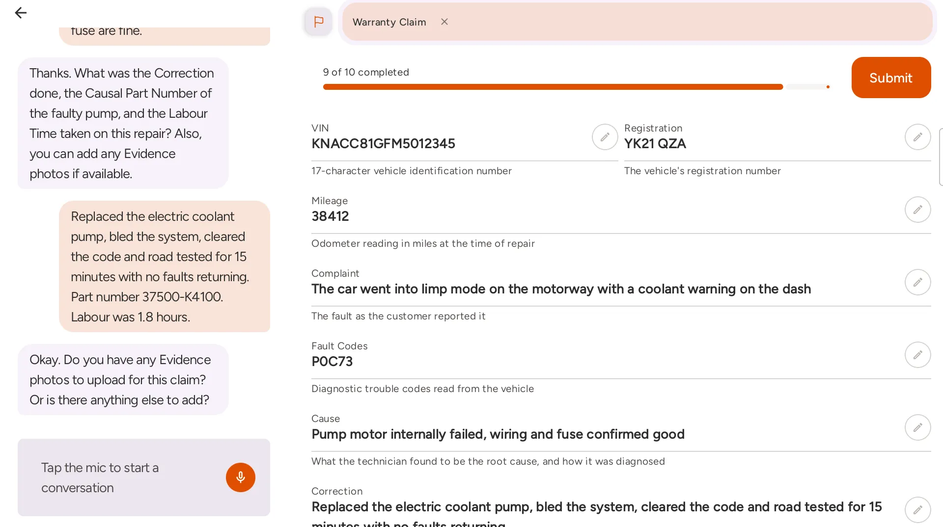FieldPal on a tablet completing a warranty claim for registration YK21 QZA. The conversation on the left gives the correction, causal part number and labour time. The form on the right shows the VIN, mileage 38412, a complaint of limp mode with a coolant warning, fault code P0C73, a cause of an internally failed pump motor and the correction, with 9 of 10 fields complete.
