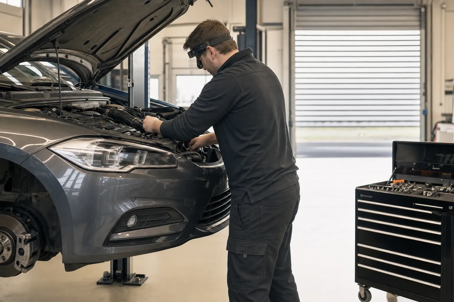A technician at an open engine bay on a workshop ramp