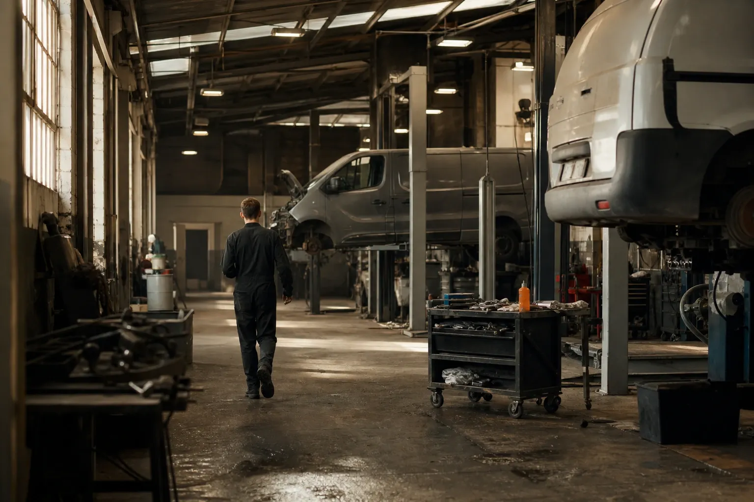 A working service workshop with several bays occupied, seen down the centre aisle in late afternoon light