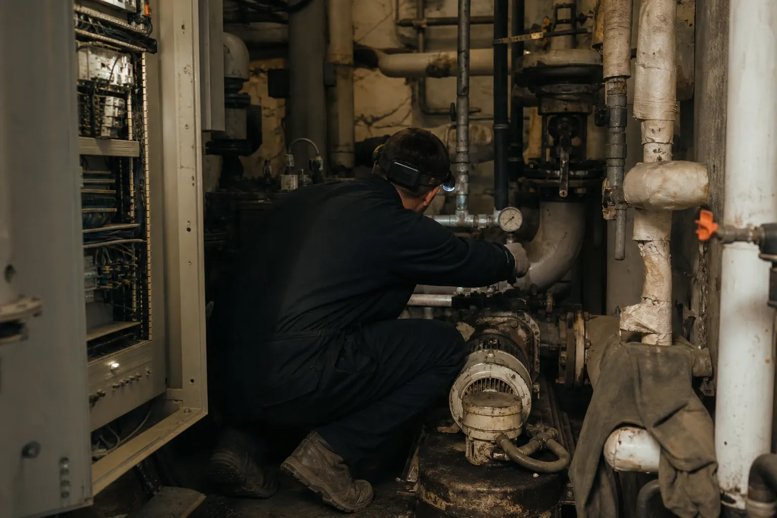 An engineer working on pipework in a basement plant room