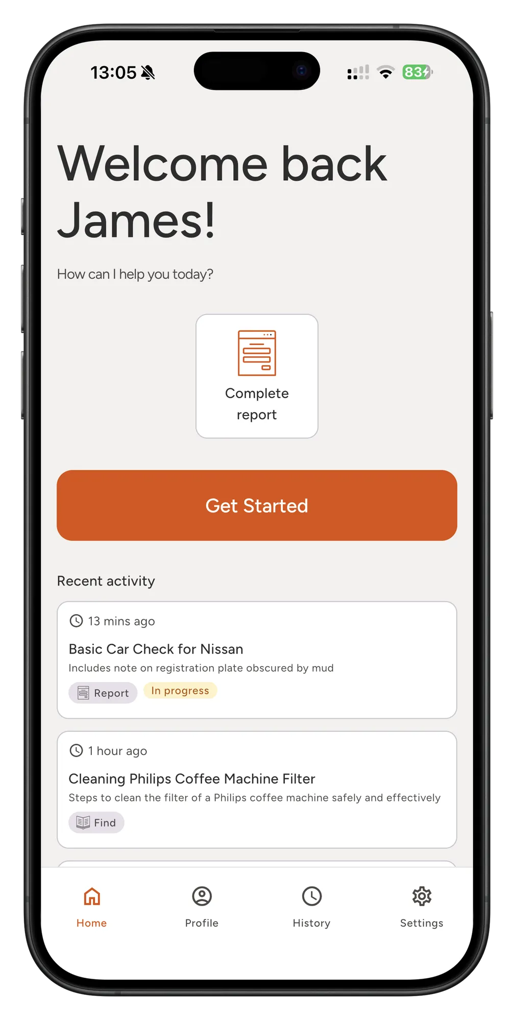 FieldPal on iPhone, showing the home screen with a Complete report action and recent activity for a car check and a coffee machine filter clean
