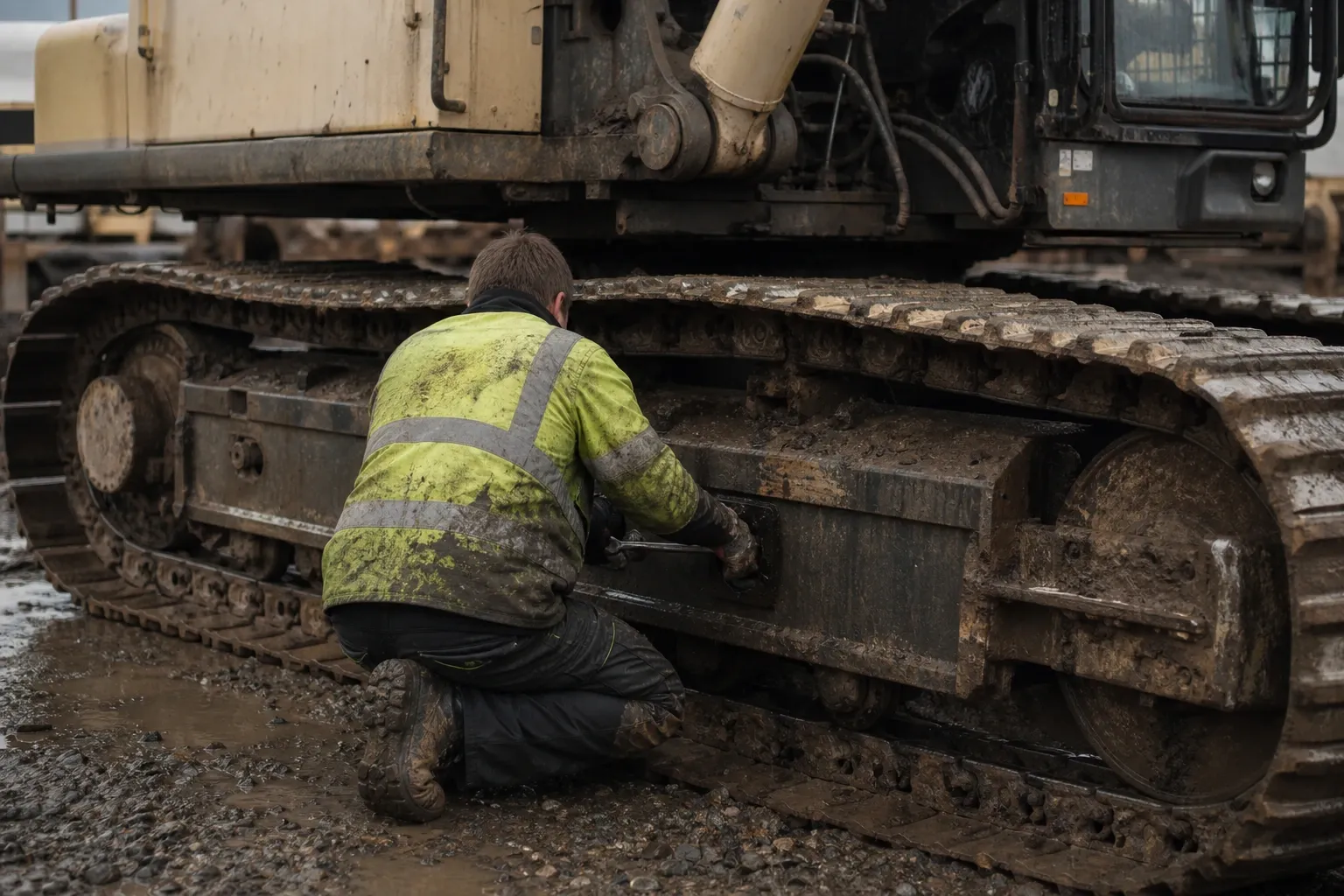 A service engineer at the track frame of an excavator in a muddy yard