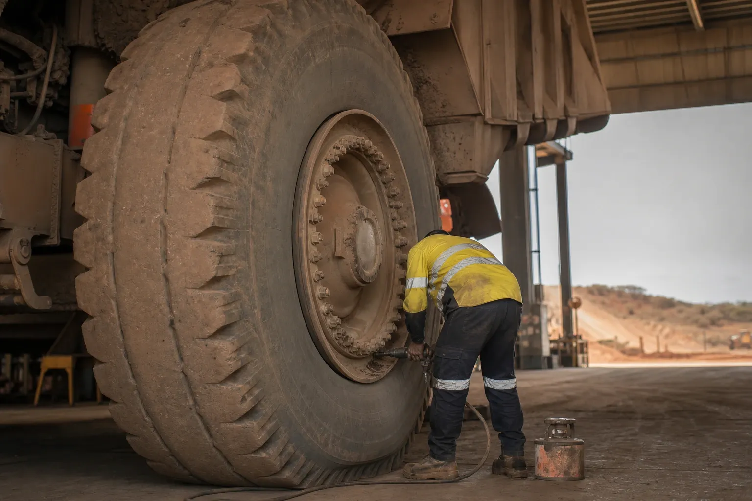 A technician at the wheel of a mining haul truck