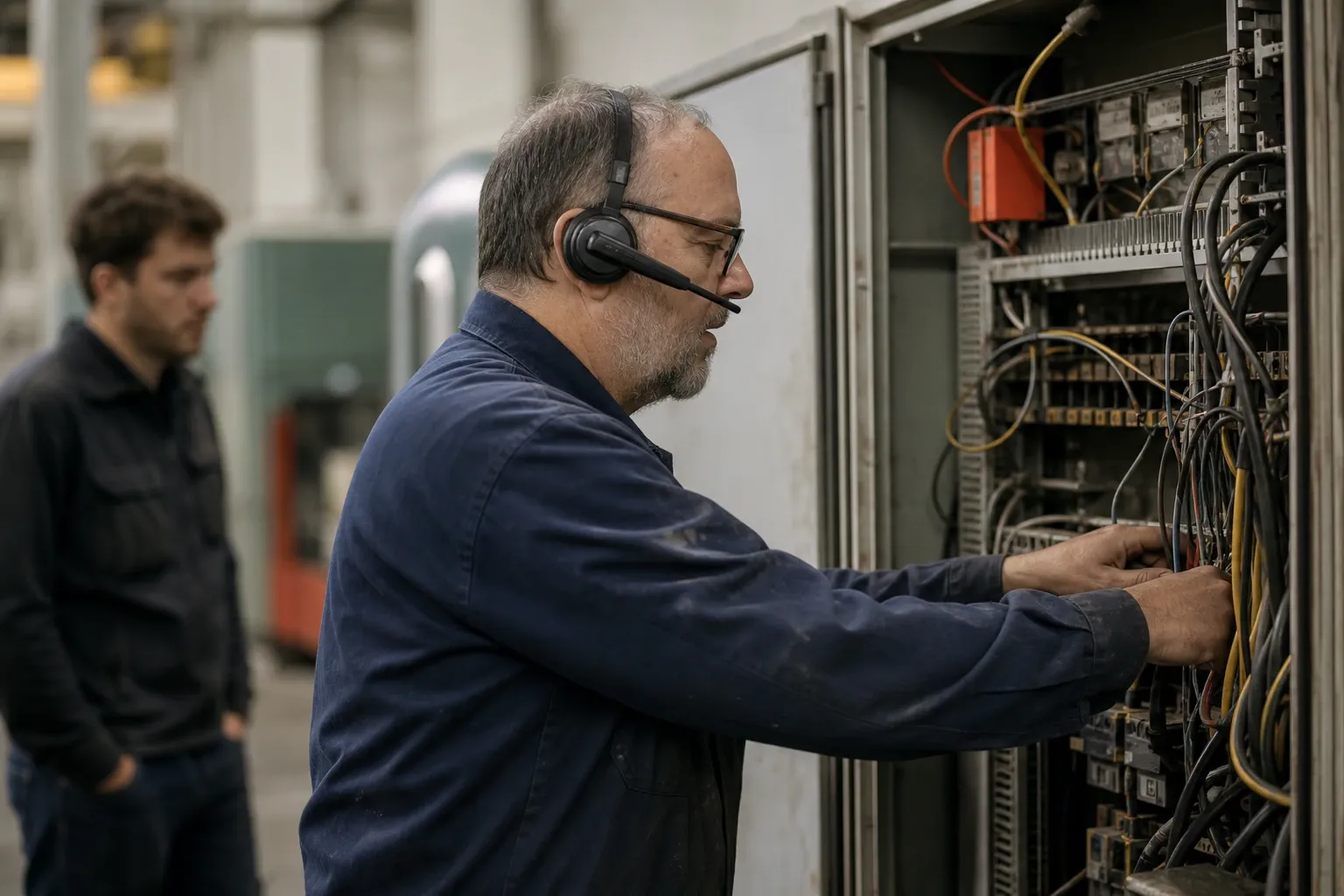 An experienced engineer working inside an industrial control cabinet while wearing a head-mounted device with a boom microphone, a younger colleague watching from a few steps behind