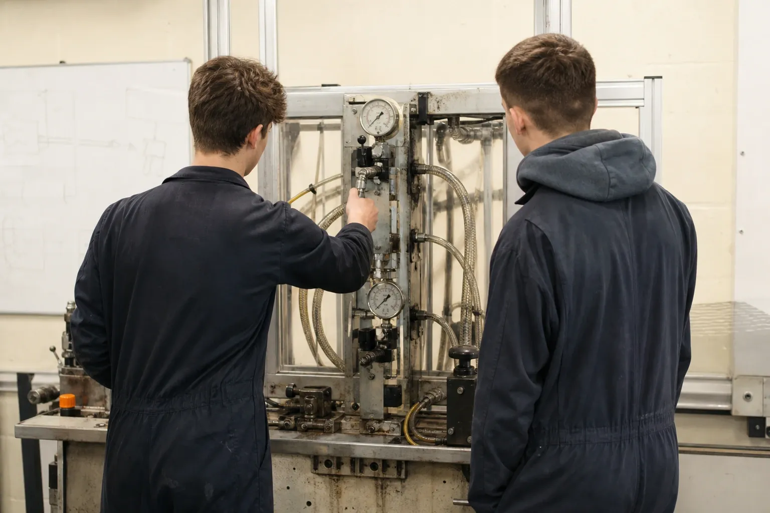 Two apprentice engineers working at a hydraulic training rig in an industrial training centre