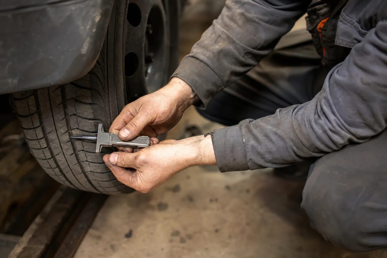 A technician crouched at a car's front wheel, checking the tyre with a tread depth gauge